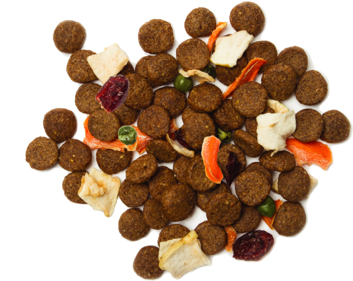 Light brown pet food in a pile.