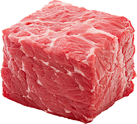 A large cube shaped cut of marbled beef.