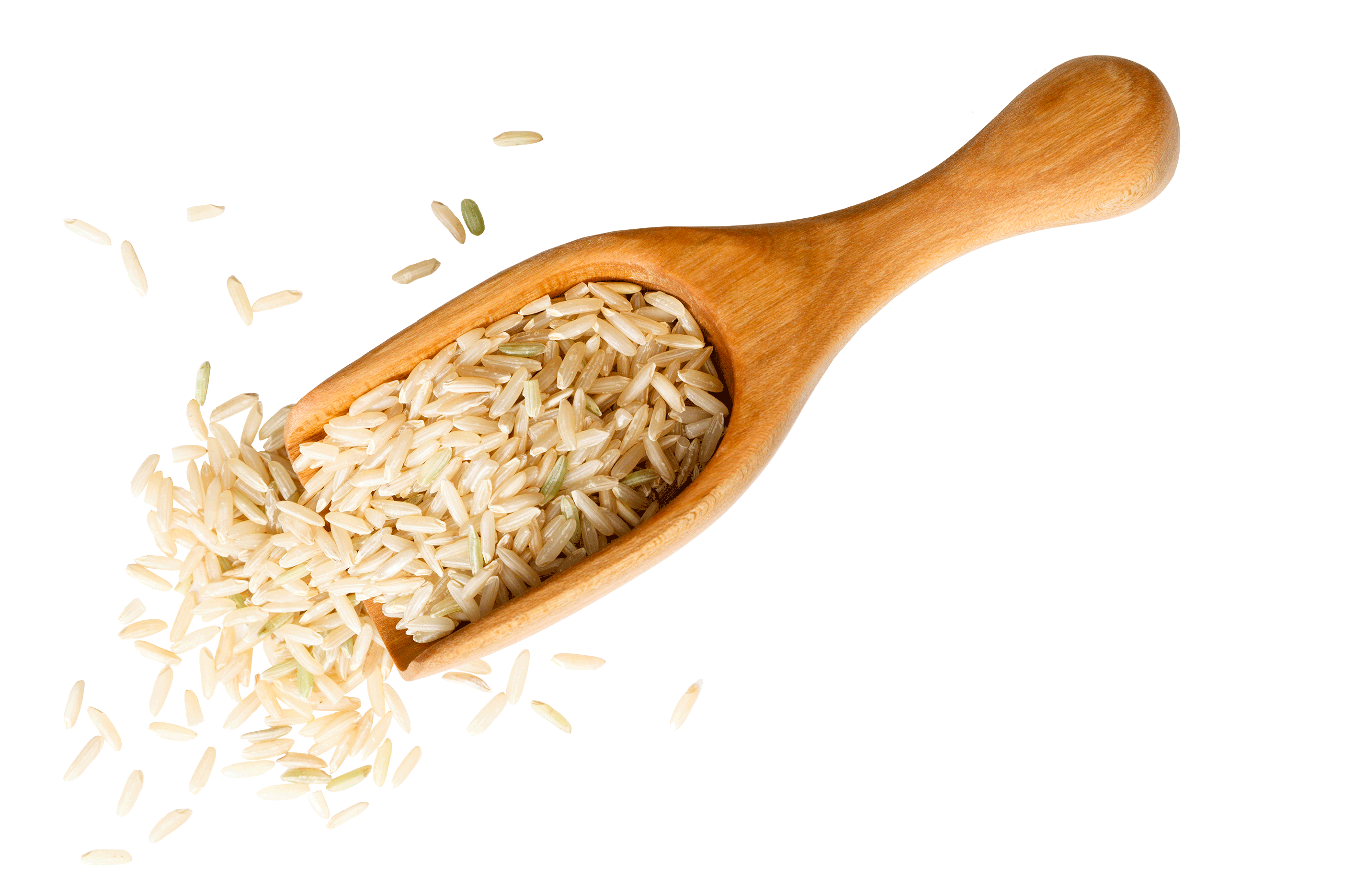 Wooden spoon with uncooked rice spilling off of it.