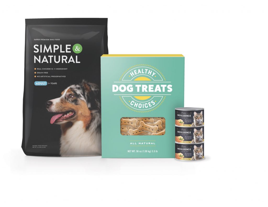 Different examples of pet food packaging