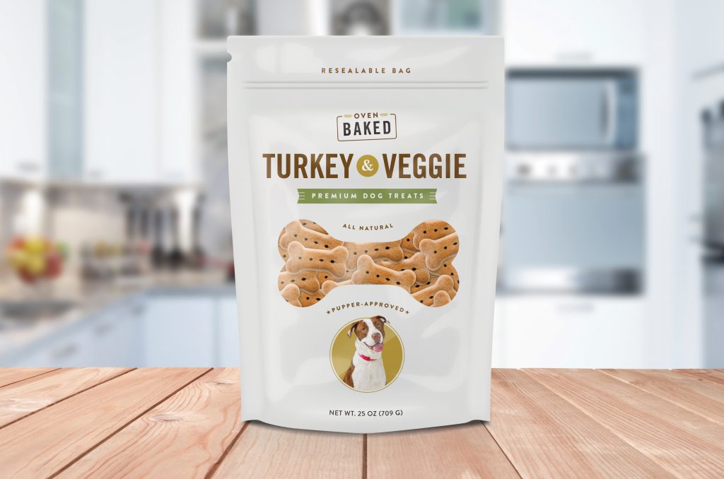 Turkey & Veggie pet food packaging sitting on kitchen counter
