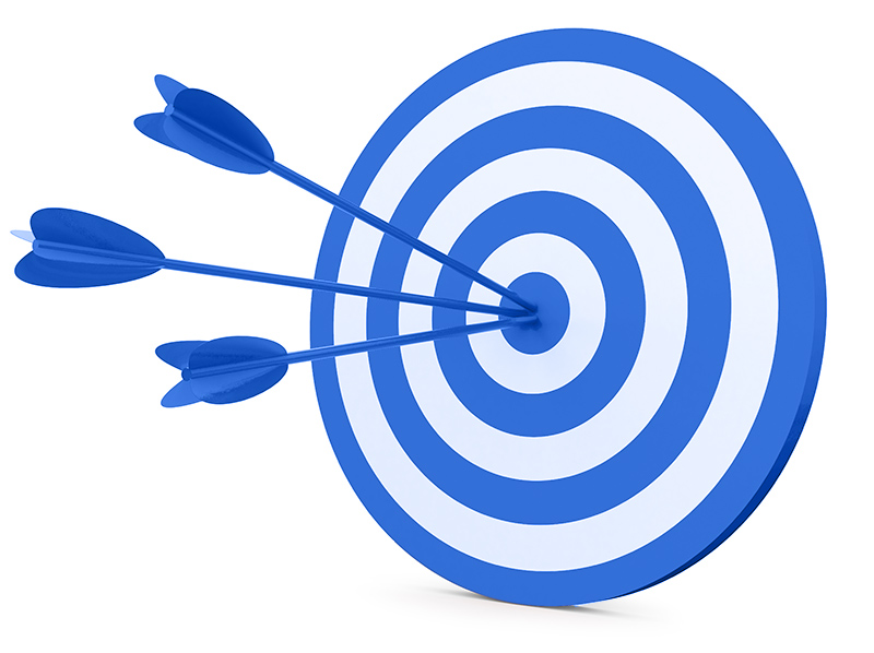 Blue bullseye target with 3 blue arrows hitting the bullseye.