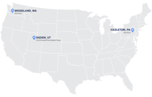 US map with Woodland (WA), Ogden (UT), and Hazleton (PA) Alphia Locations
