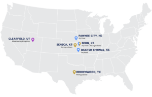 US map with Clearfield (UT), Seneca (KS), Pawnee City (NE), Bern (KS), Baxter Springs (KS), and Brownwood (TX) Alphia Locations