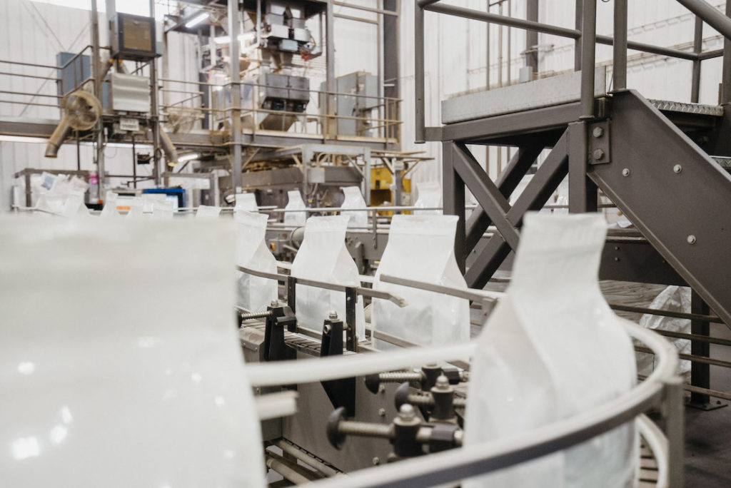 Packaged pet food on the production line.