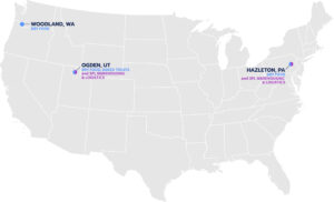 US Map with Woodland (WA), Ogden (UT), and Hazleton (PA) Alphia locations.