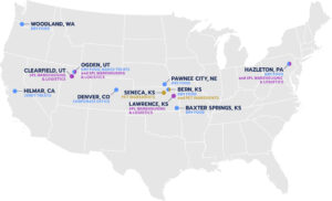 US map with Clearfield (UT), Hilmar (CA), Denver (CO), Seneca (KS), Pawnee City (NE), Bern (KS), Lawrence (KS), and Baxter Springs (KS) Alphia locations