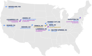 US map with Clearfield (UT), Hilmar (CA), Denver (CO), Seneca (KS), Pawnee City (NE), Bern (KS), Lawrence (KS), and Baxter Springs (KS) Alphia locations