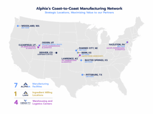 US map showing 10 locations of Alphia Manufacturing facilities.