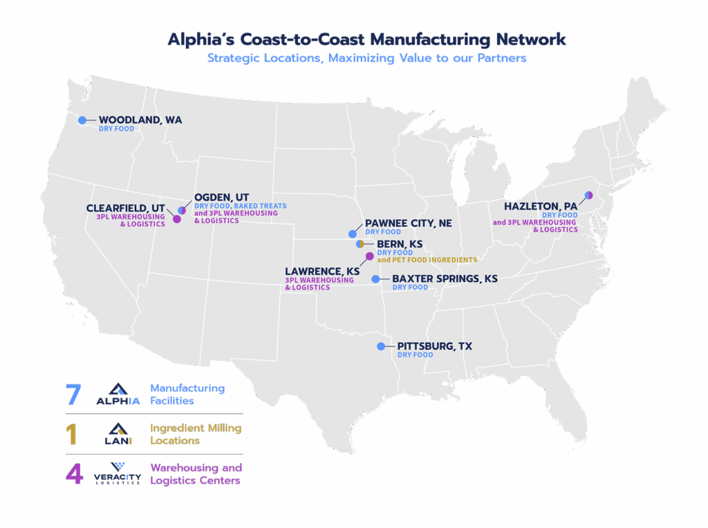 US map showing 9 locations of Alphia Manufacturing facilities.